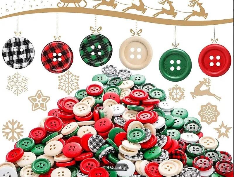 Christmas Holiday Buttons - Assorted - Red, Green, Black, Natural - Holiday Wood Button- Christmas Wooden Buttons (christmas-assorted-t-p)