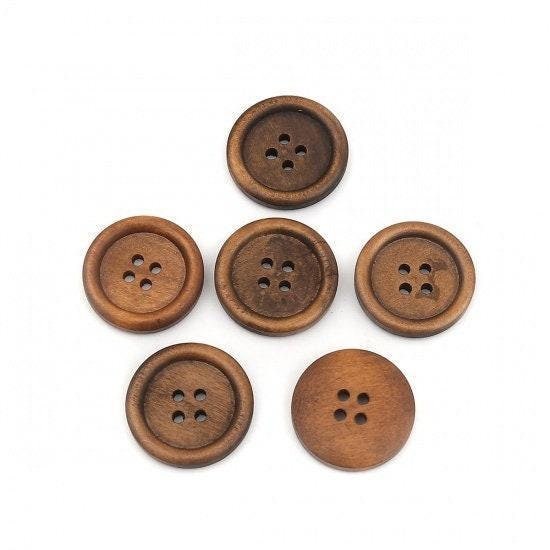 25 Rustic Brown Wooden Buttons - 4 Holes - Round Sewing Wood Buttons 25mm (1") 19497