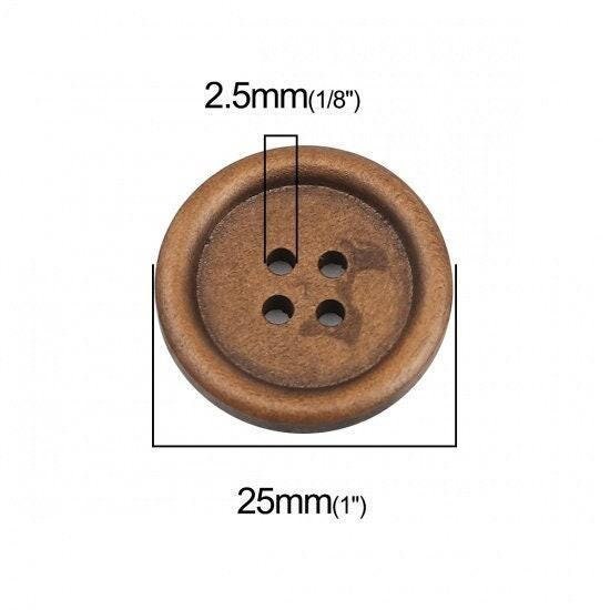 25 Rustic Brown Wooden Buttons - 4 Holes - Round Sewing Wood Buttons 25mm (1") 19497