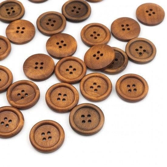 25 Rustic Brown Wooden Buttons - 4 Holes - Round Sewing Wood Buttons 25mm (1") 19497