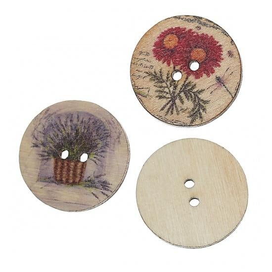 Mixed Color Flowers Wooden Buttons - Muti Colored Flower Wood Button - 25mm (approx. 1 Inch) (141)