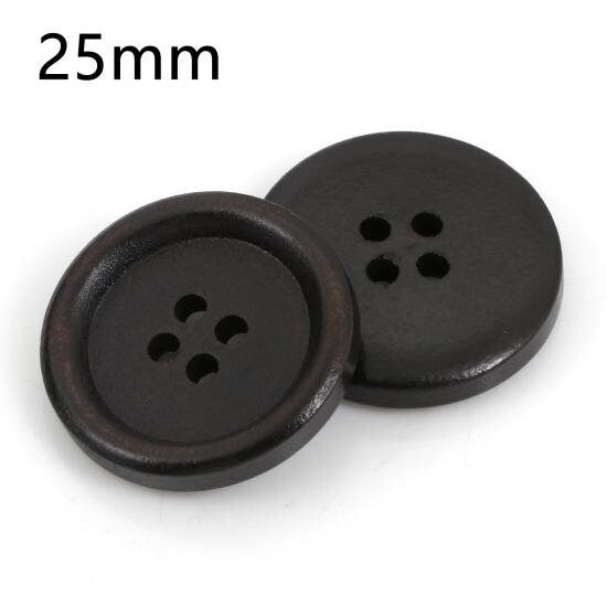 Dark Brown Wooden Buttons - 25mm - 1 Inch - 4 Hole - Wood Button (954)