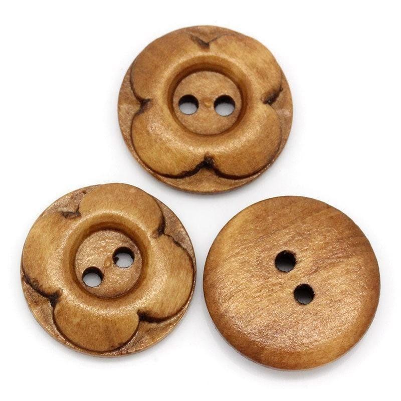 10 Brown Wooden Button - Carved Flower - 2 Holes - 20mm - Wood Buttons Sewing Scrapbooking 20mm (27356)