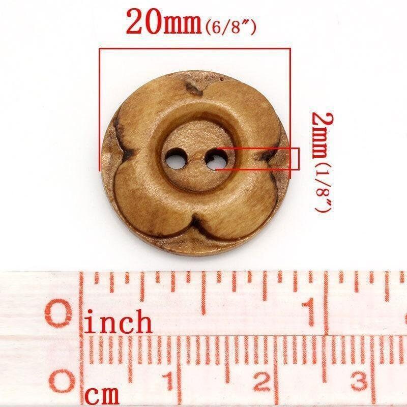 10 Brown Wooden Button - Carved Flower - 2 Holes - 20mm - Wood Buttons Sewing Scrapbooking 20mm (27356)