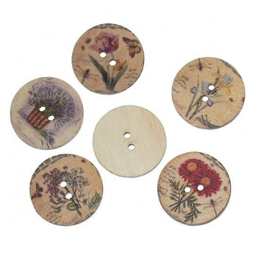 Mixed Color Flowers Wooden Buttons - Muti Colored Flower Wood Button - 25mm (approx. 1 Inch) (141)