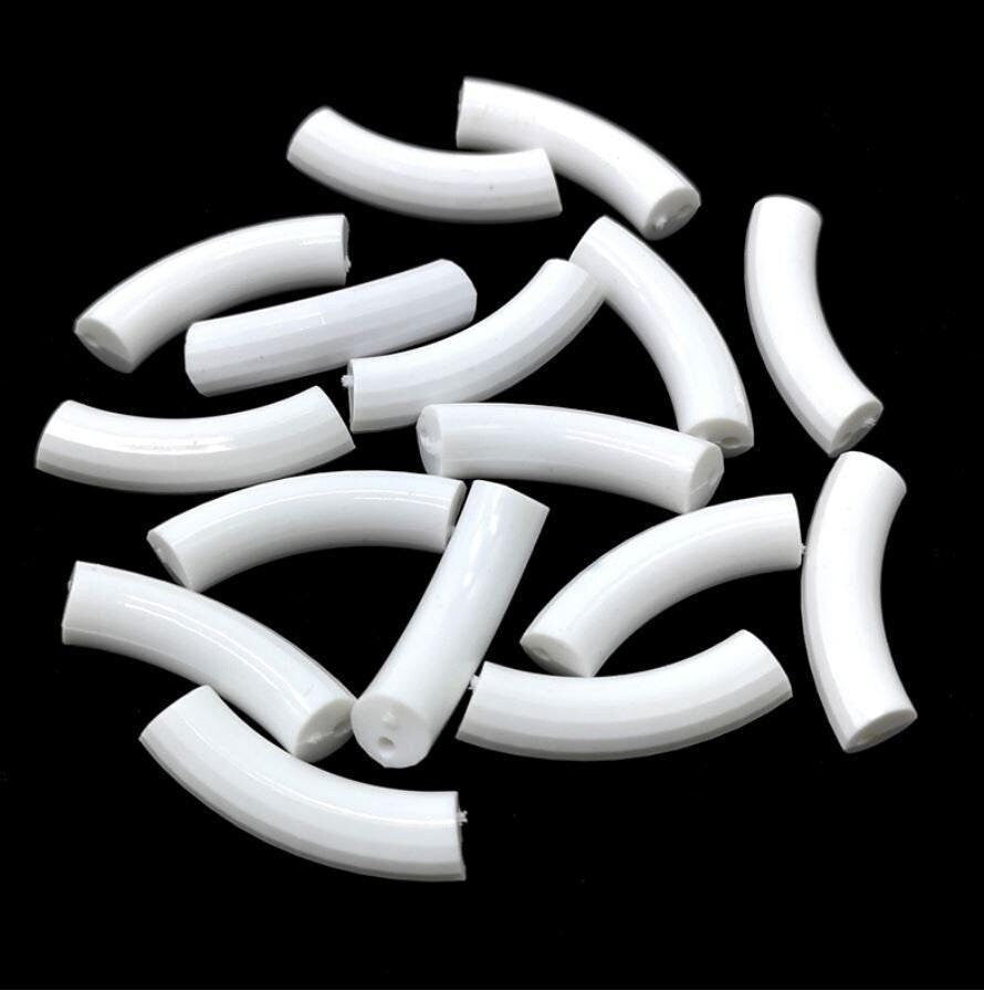 6 White Tube Beads - 33mm X 8mm - White Bamboo Acrylic Tube Bead For Stretch Bracelets (bd-tube-white)