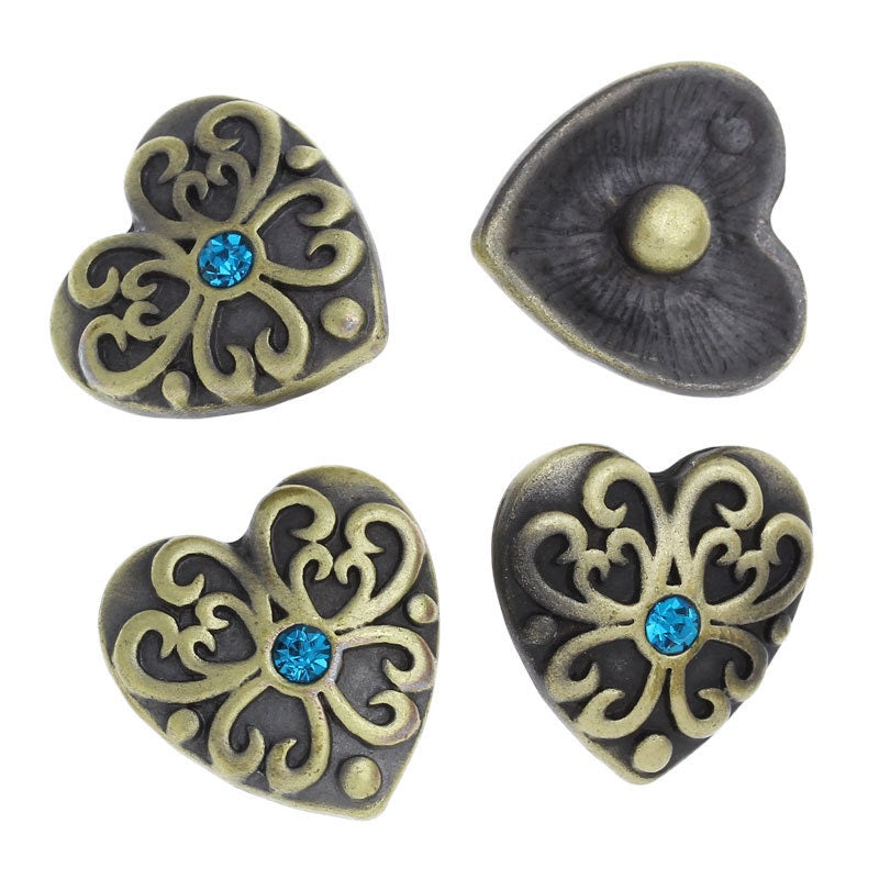 1 or 5 Chunk Snap on Popper Charm Button - Heart Shaped - Bronze - Blue Rhinestone - 20mm Dia.(3/4") (0125)