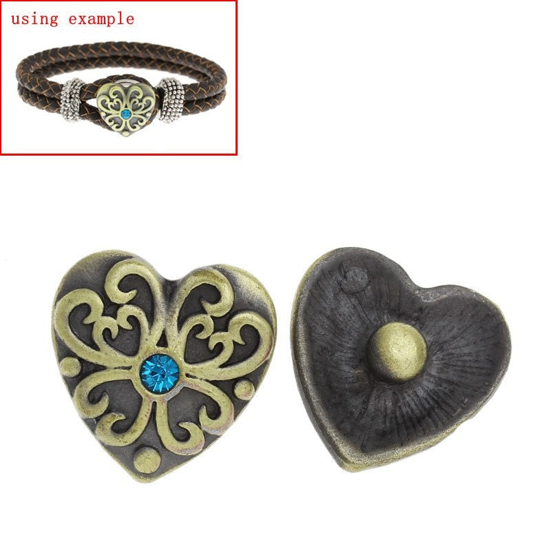 1 or 5 Chunk Snap on Popper Charm Button - Heart Shaped - Bronze - Blue Rhinestone - 20mm Dia.(3/4") (0125)