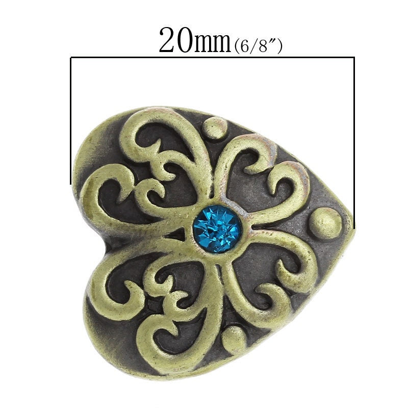 1 or 5 Chunk Snap on Popper Charm Button - Heart Shaped - Bronze - Blue Rhinestone - 20mm Dia.(3/4") (0125)