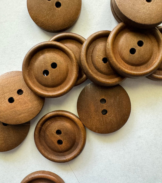 Brown Wooden Buttons - 25mm (1 Inch) - 2 Holes - Carved Dome Center - Round Sewing Wood Buttons 25mm (262)