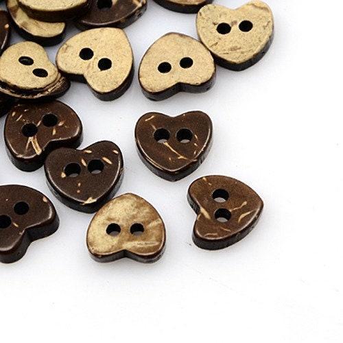 Heart Shaped Coconut Shell Wooden Buttons - 10mm X 10mm - Hole: 1mm - Wood Buttons - Recycled Coconut Wood (yz2)