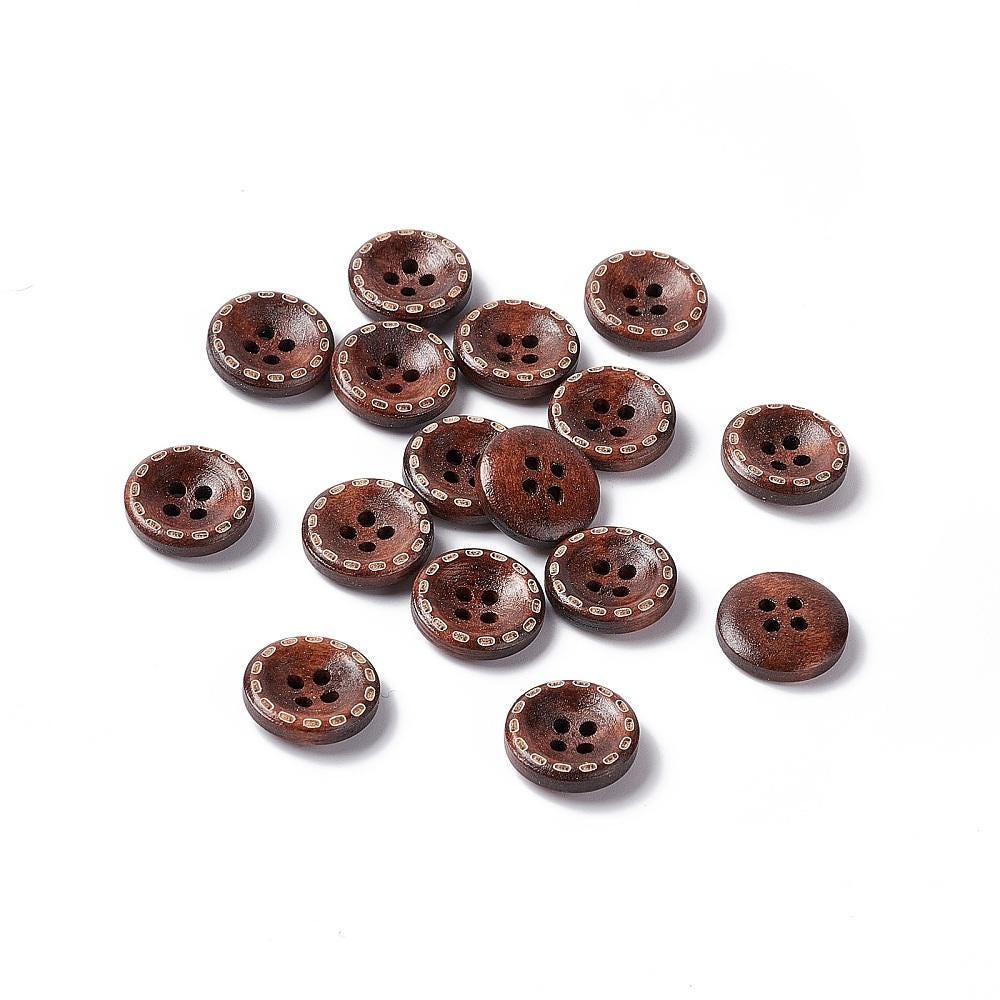 Wooden Buttons - Dark Brown - 15mm (5/8/ Inch) - 4 Hole - Stitch Design - High Quality Wood Button (fna1611)