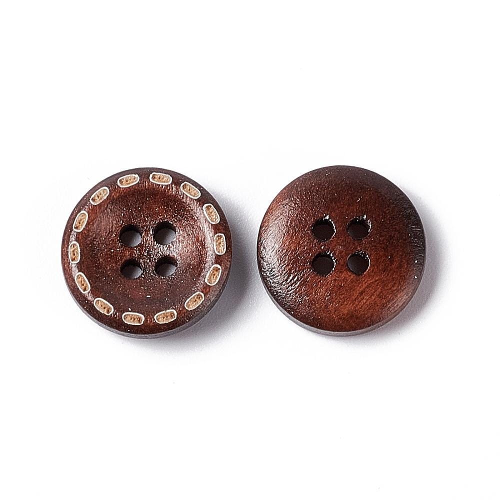 Wooden Buttons - Dark Brown - 15mm (5/8/ Inch) - 4 Hole - Stitch Design - High Quality Wood Button (fna1611)