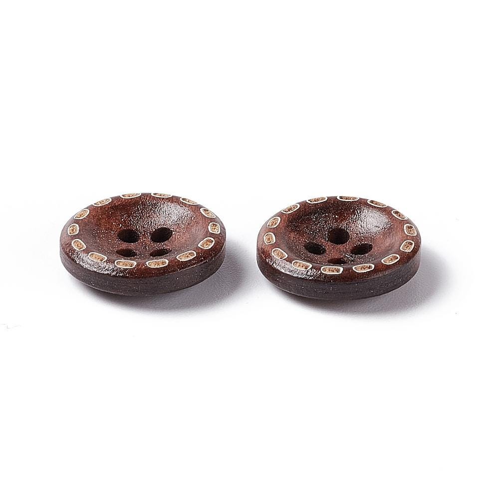 Wooden Buttons - Dark Brown - 15mm (5/8/ Inch) - 4 Hole - Stitch Design - High Quality Wood Button (fna1611)