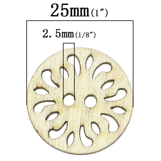 Natural Carved Wooden Buttons - 25mm (1 inch) - 2 Hole - Natural Wood Button