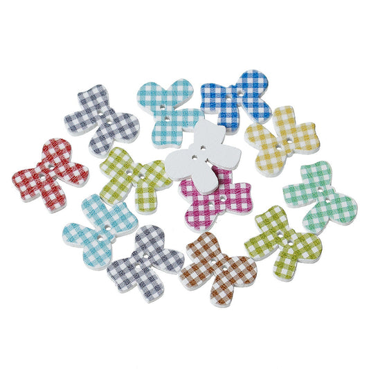 Bow Shaped Wooden Buttons - 20mm x 16mm (3/4" x 5/8") - 2 Hole - Gingham Design- Mixed Color Bow Knot Shaped Wood Button (38043)