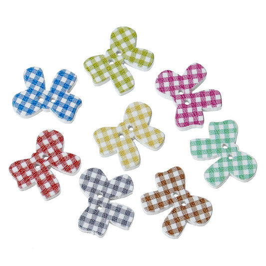 Bow Shaped Wooden Buttons - 20mm x 16mm (3/4" x 5/8") - 2 Hole - Gingham Design- Mixed Color Bow Knot Shaped Wood Button (38043)