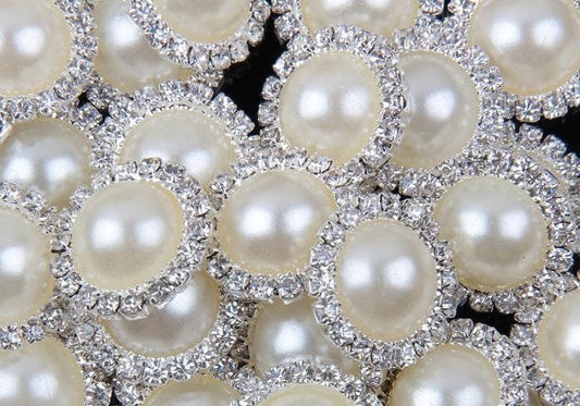 5 Ivory White Pearl Rhinestone Flatback Button - Silver - 18mm Metal Button - Pearl Rhinestone Buttons - Hair Bow Centers (PWRB-S020-07)