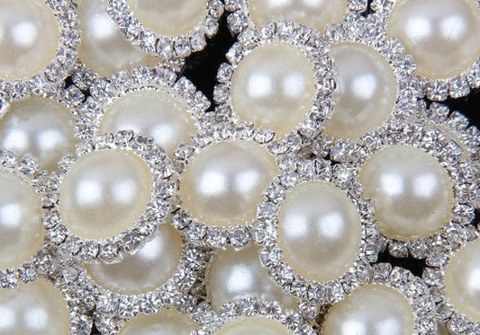 20 Ivory White Pearl Rhinestone Flatback Button - Silver - 18mm Metal Button - Pearl Rhinestone Buttons - Hair Bow Centers (PWRB-S020-07)