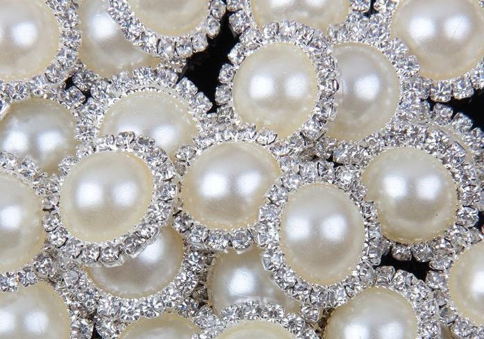 2 Ivory White Pearl Rhinestone Flatback Button - Silver - 18mm Metal Embellishment - Pearl Rhinestone Buttons - Hair Bow Centers