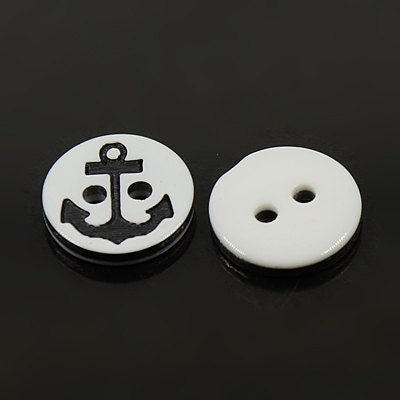 Nautical Button - Black White - 2 Holes - 13mm - Acrylic Anchor Buttons Sewing Scrapbooking (A01120L08)