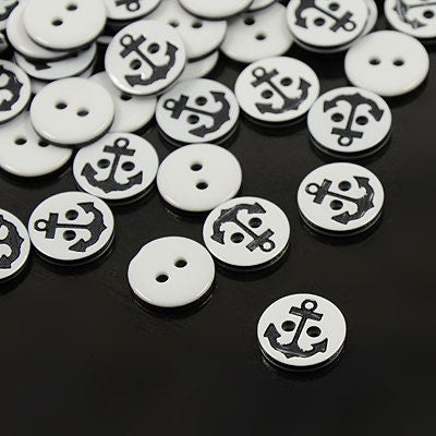 Nautical Button - Black White - 2 Holes - 13mm - Acrylic Anchor Buttons Sewing Scrapbooking (A01120L08)