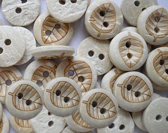 Coconut Wooden Button - 12mm - Leaf Fern Pattern - Wood Buttons - Coconut Wood