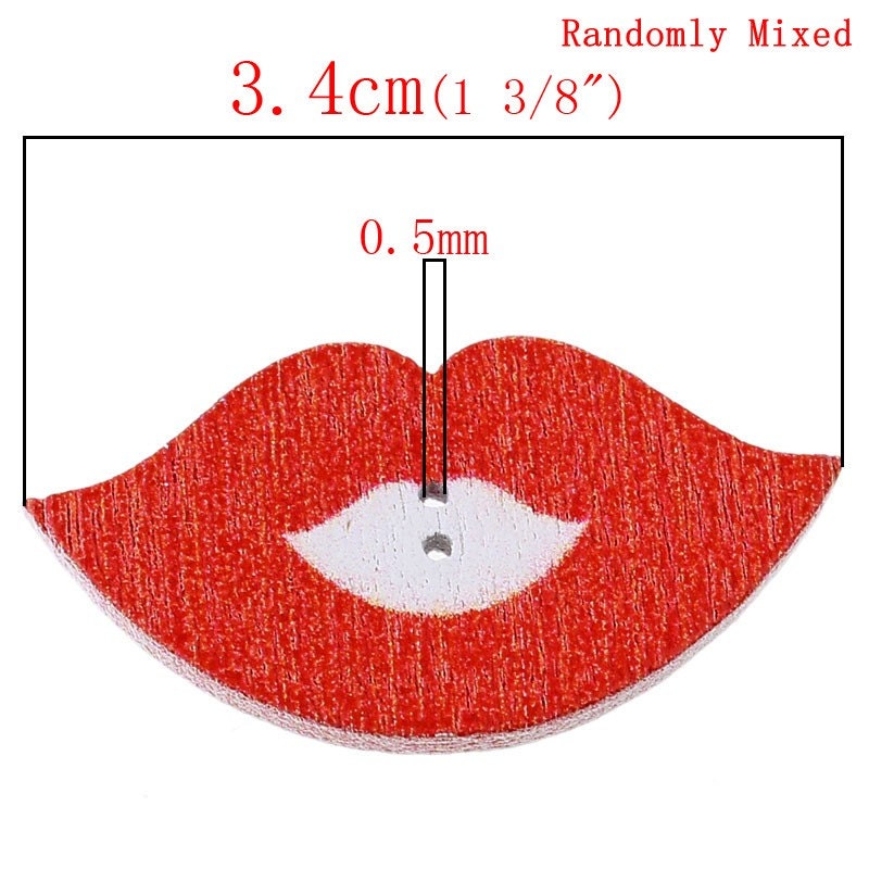 Lip Kiss Wooden Buttons - 3.4cm x1.8cm (1 3/8" x 3/4")- Valentines Day - Kiss Randomly Mixed Colors - 2 Hole - Lip Mixed Wood Button (32082)