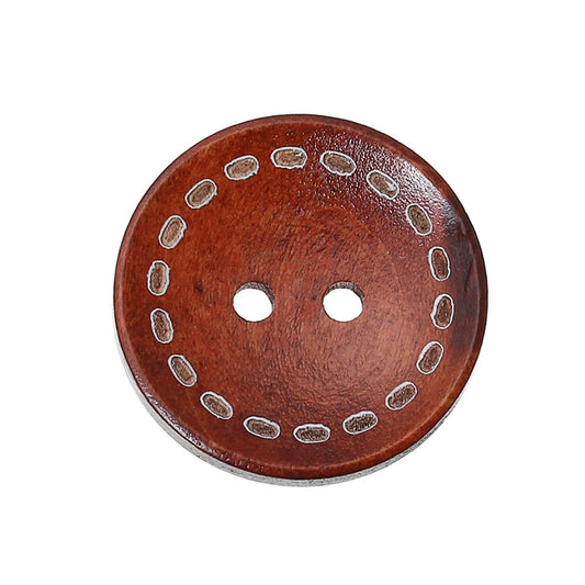 5 Brown Wooden Buttons - Stitch Design - 20mm - 3/4 inch - 2 hole - Pear Wood Button (B75586)